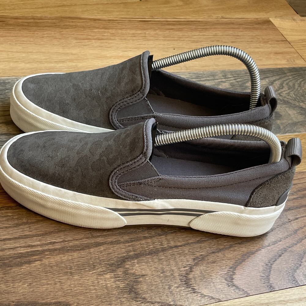 Sperry Women's 7.5 Gray Suede Animal Print Slip On Platform Sneakers STS86736